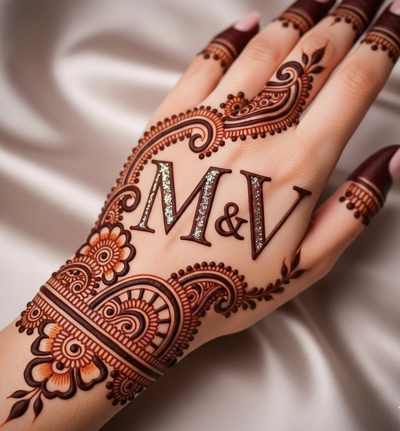 M and V letter mehndi design luxury