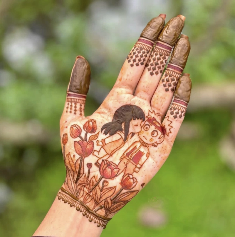 cartoon couple mehndi design
