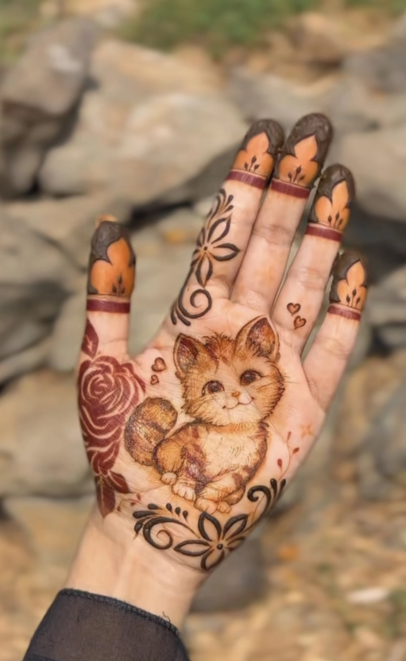cat mehndi designs for kids front hand