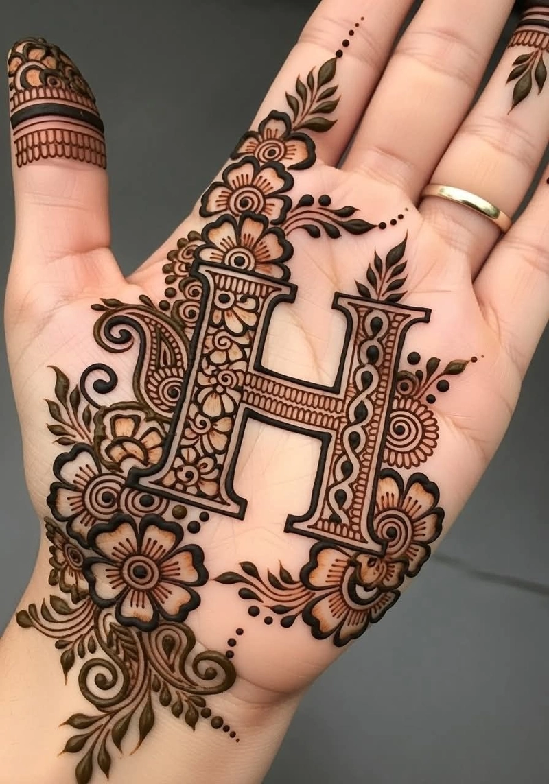 crown h letter mehndi design