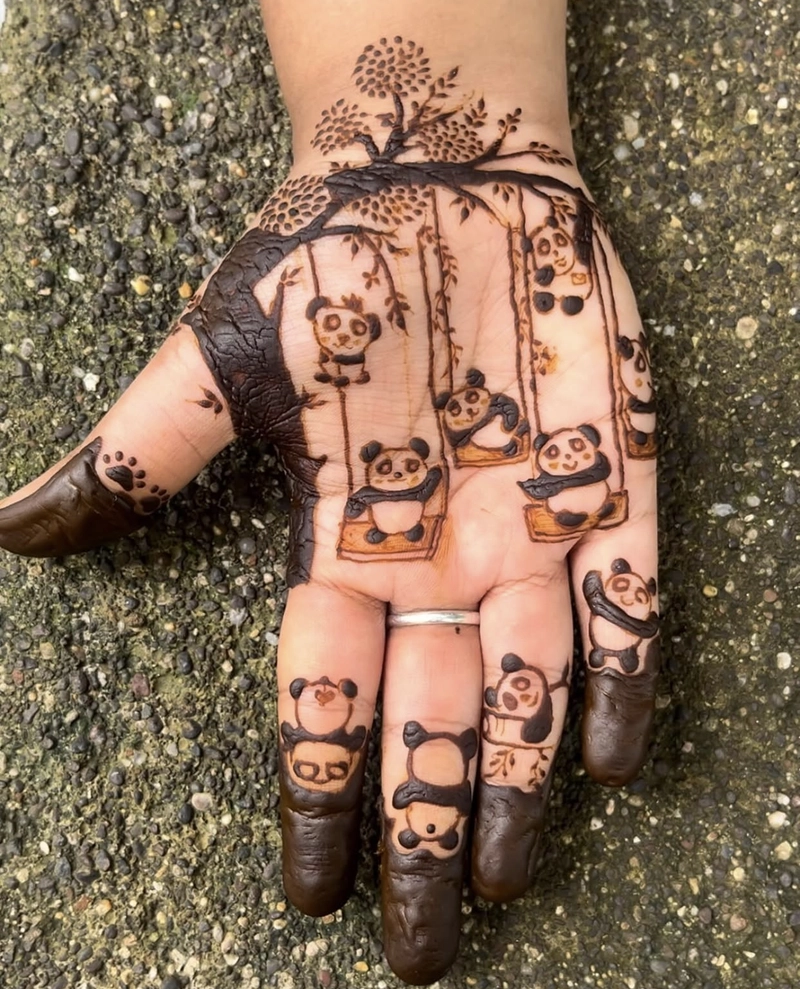 cute panda mehndi design for girls