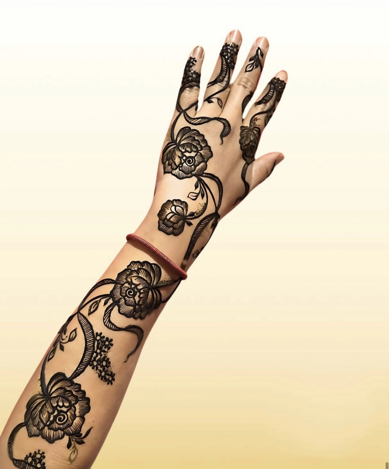 rose 3d mehndi design back hand