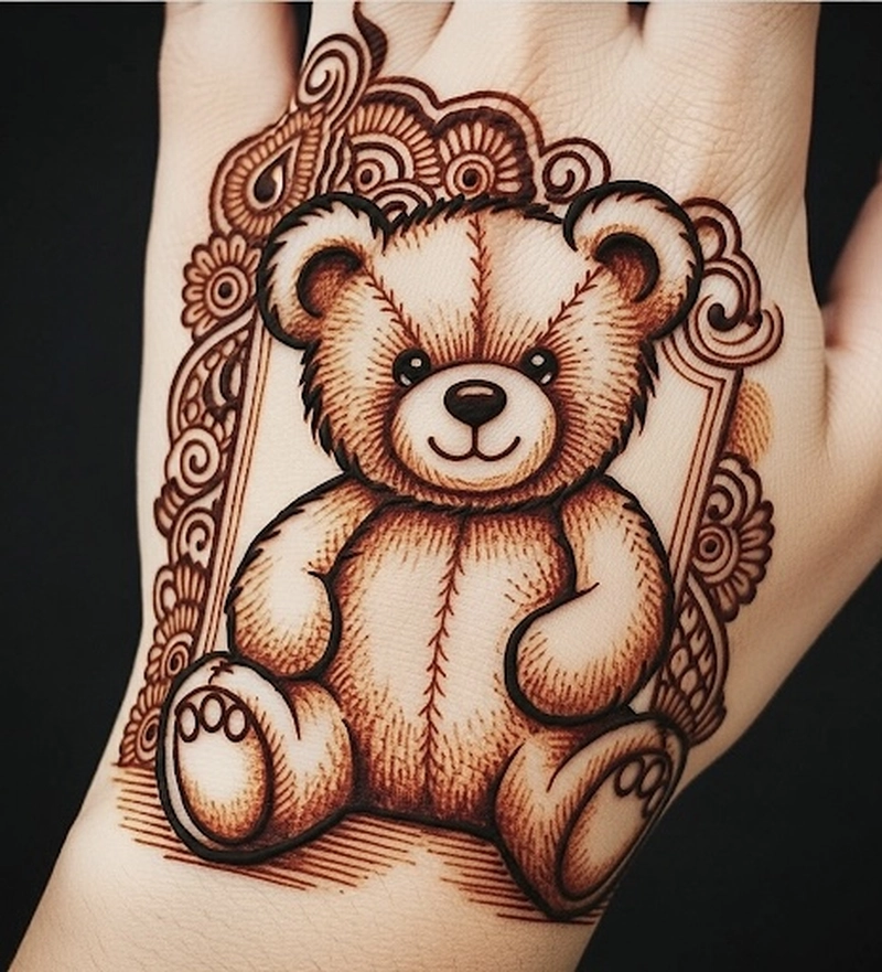 simple teddy bear mehndi design front hand