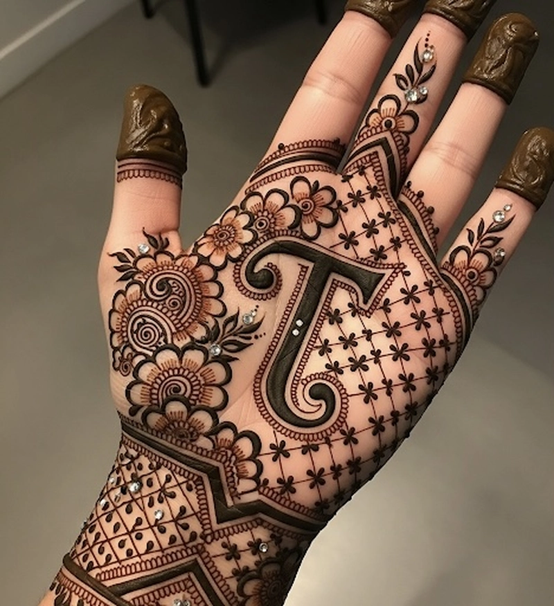 t letter name mehndi design images