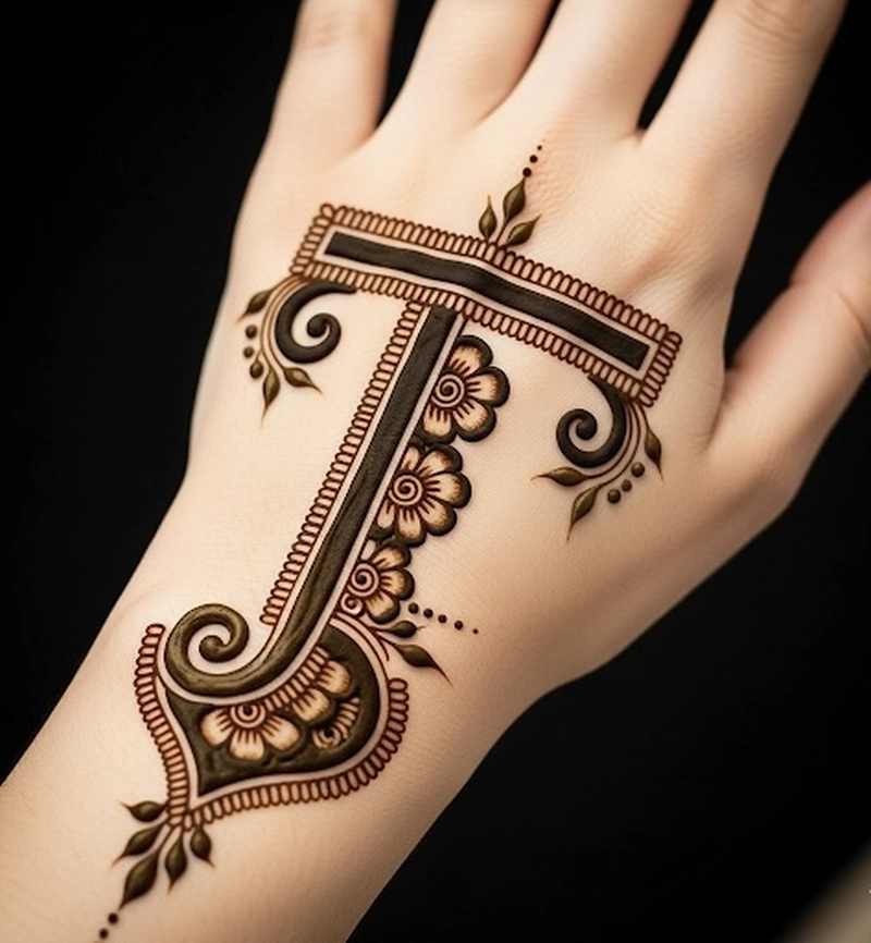 t letter name mehndi design